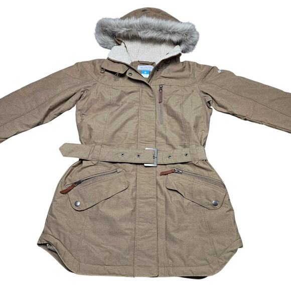 Columbia Carson Pass II Omni-Heat Parka Small Brown Belted Faux Fur Hood - Picture 1 of 11